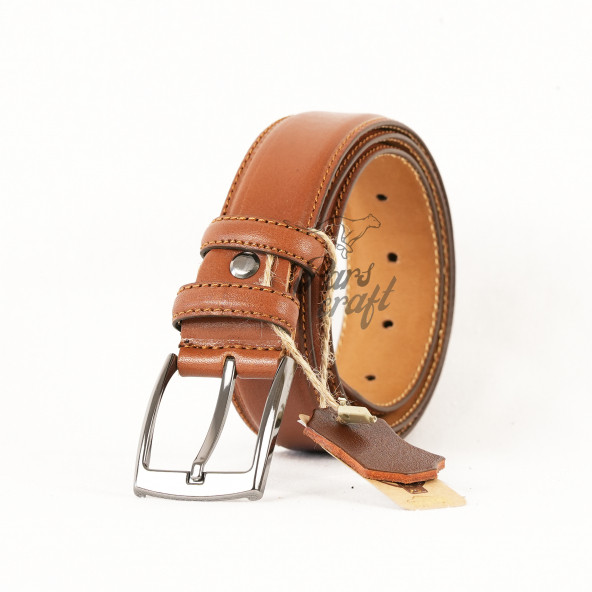 Parscraft Hakiki Deri Dikişli Taba Erkek Kemer 35 cm Klasik Kumaş Pantolon Kemeri - 2