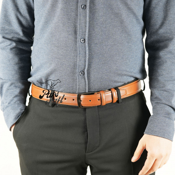 Parscraft Hakiki Deri Dikişli Taba Erkek Kemer 35 cm Klasik Kumaş Pantolon Kemeri - 3