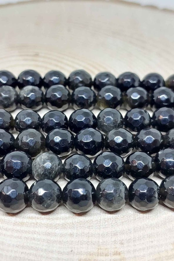 Golden & Siyah Obsidyen Taşı Faset Kesim Dizi 8mm ürün görseli 1