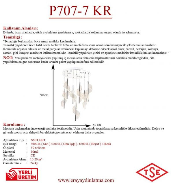 Eray Aydınlatma P7077-6+1 7li Krom Sarkıt Led Avize - Resim 3