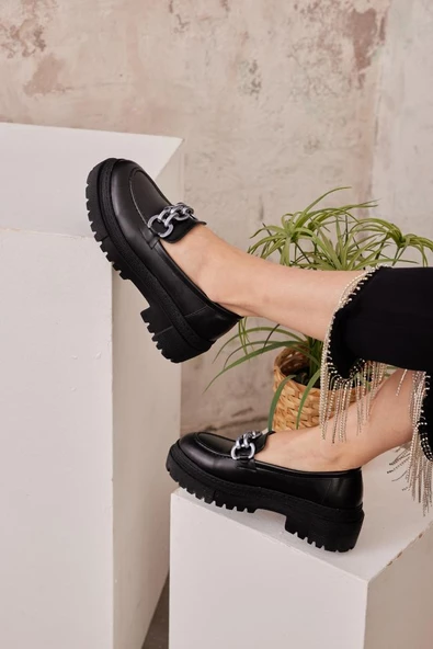 Zincir Detaylı Makosen Günlük Babet Rahat Kadın Loafer Ayakkabı - 8