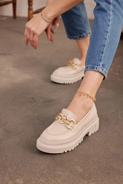 Zincir Detaylı Makosen Günlük Babet Rahat Kadın Loafer Ayakkabı - 12