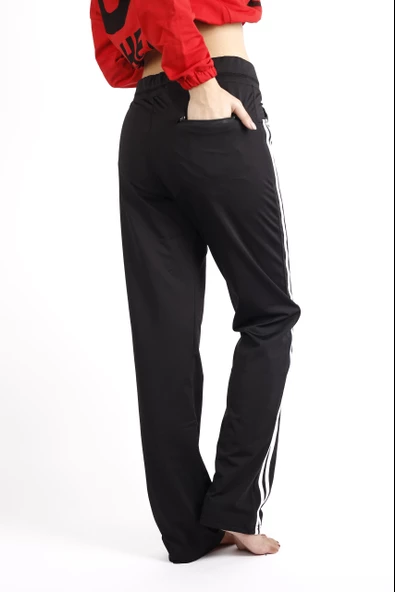 Kadın Siyah Beyaz Şeritli İnce Dalgıç Esnek Kumaş Cepli Yazlık Eşofman Altı 21KESAAKT2 - 5