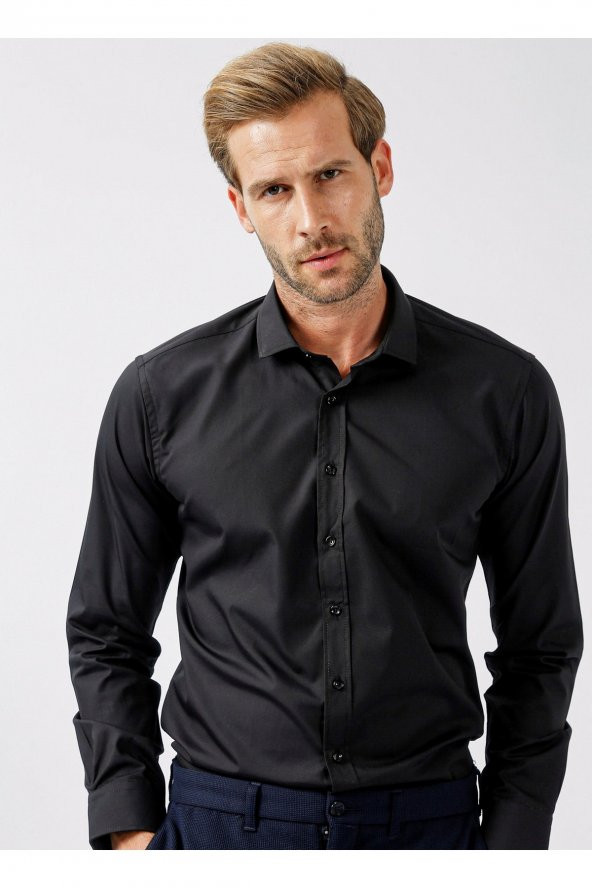 Klasik Yaka Düz Siyah Erkek Gömlek Gm1007100495 - Resim 3