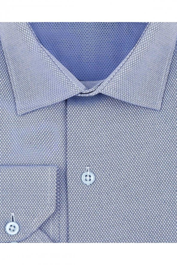Dar Kalıp Armür Desenli Mavi Erkek Gömlek - Resim 2