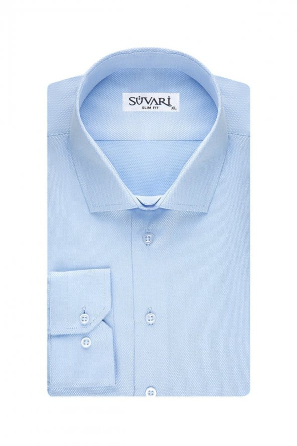 Dar Kalıp Armür Desenli Mavi Erkek Gömlek - Resim 5