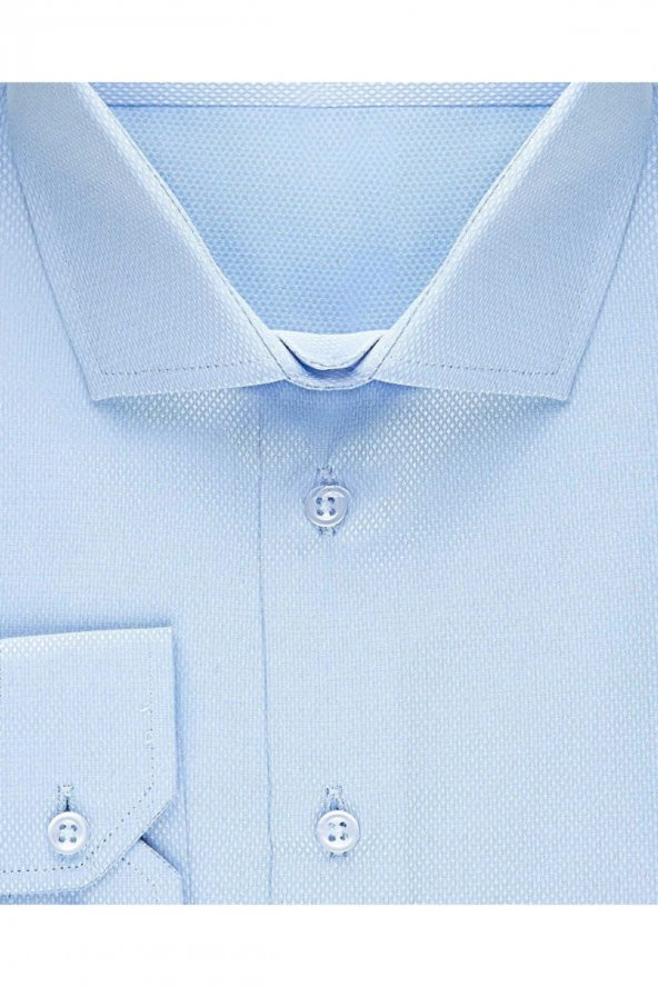 Dar Kalıp Armür Desenli Mavi Erkek Gömlek - Resim 6