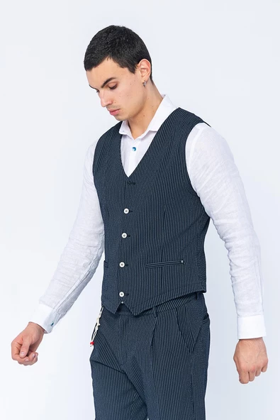 Erkek Slim Fit Çizgili Düğmeli Cepli Bürümcük Kumaş Klasik Yelek - 11