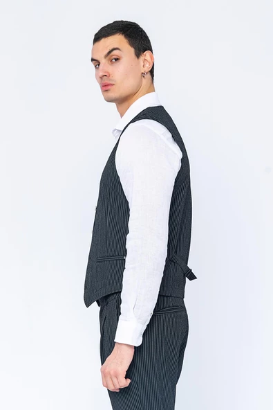 Erkek Slim Fit Çizgili Düğmeli Cepli Bürümcük Kumaş Klasik Yelek - 5