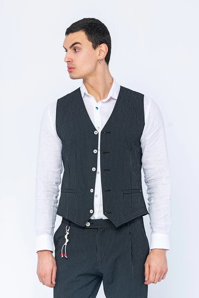 Erkek Slim Fit Çizgili Düğmeli Cepli Bürümcük Kumaş Klasik Yelek - 4