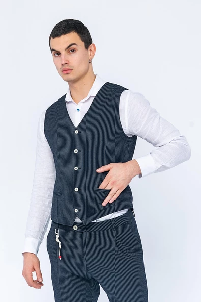 Erkek Slim Fit Çizgili Düğmeli Cepli Bürümcük Kumaş Klasik Yelek - 12