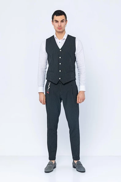 Erkek Slim Fit Çizgili Düğmeli Cepli Bürümcük Kumaş Klasik Yelek - 6