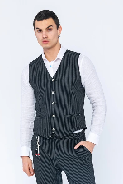 Erkek Slim Fit Çizgili Düğmeli Cepli Bürümcük Kumaş Klasik Yelek - 2