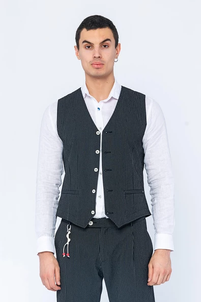 Erkek Slim Fit Çizgili Düğmeli Cepli Bürümcük Kumaş Klasik Yelek - 3