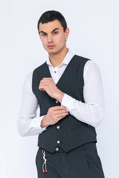 Erkek Slim Fit Çizgili Düğmeli Cepli Bürümcük Kumaş Klasik Yelek - 9