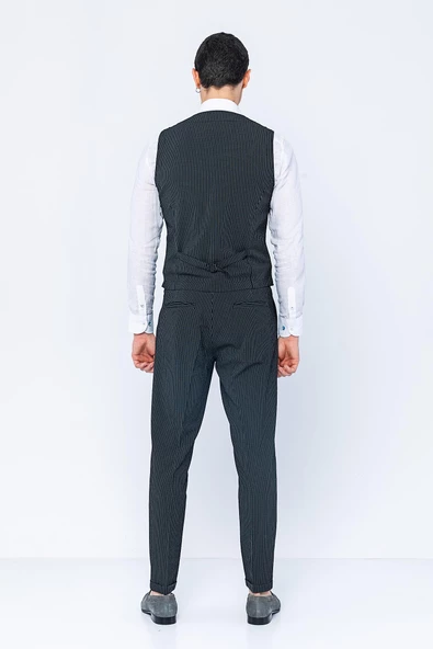 Erkek Slim Fit Çizgili Düğmeli Cepli Bürümcük Kumaş Klasik Yelek - 7