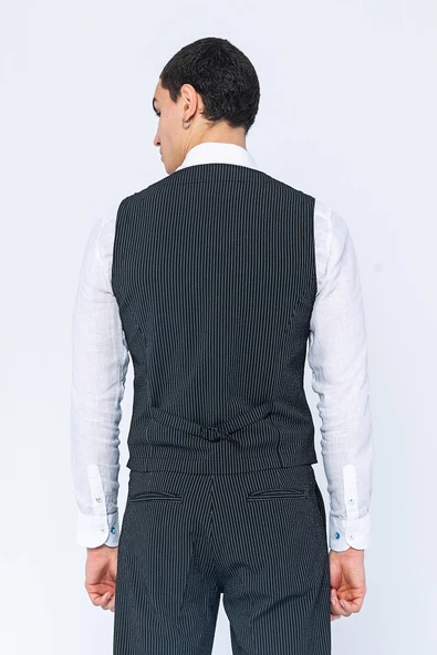 Erkek Slim Fit Çizgili Düğmeli Cepli Bürümcük Kumaş Klasik Yelek - 8