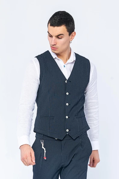 Erkek Slim Fit Çizgili Düğmeli Cepli Bürümcük Kumaş Klasik Yelek - 10