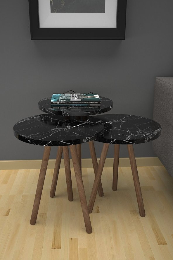 Mobezzo 3lü Yuvarlak Zigon Sehpa Takımı  Ahşap Ayaklı Modern Tarz Kahve ve Sunum Sehpası Siyah Mermer Desenli