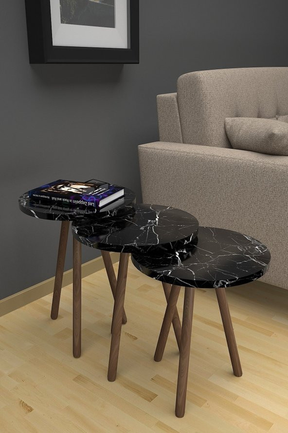 Mobezzo 3lü Yuvarlak Zigon Sehpa Takımı  Ahşap Ayaklı Modern Tarz Kahve ve Sunum Sehpası Siyah Mermer Desenli - 2