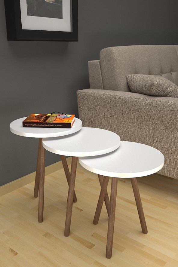Mobezzo 3lü Yuvarlak Zigon Sehpa Takımı  Ahşap Ayaklı Modern Tarz Kahve ve Sunum Sehpası Beyaz - 2