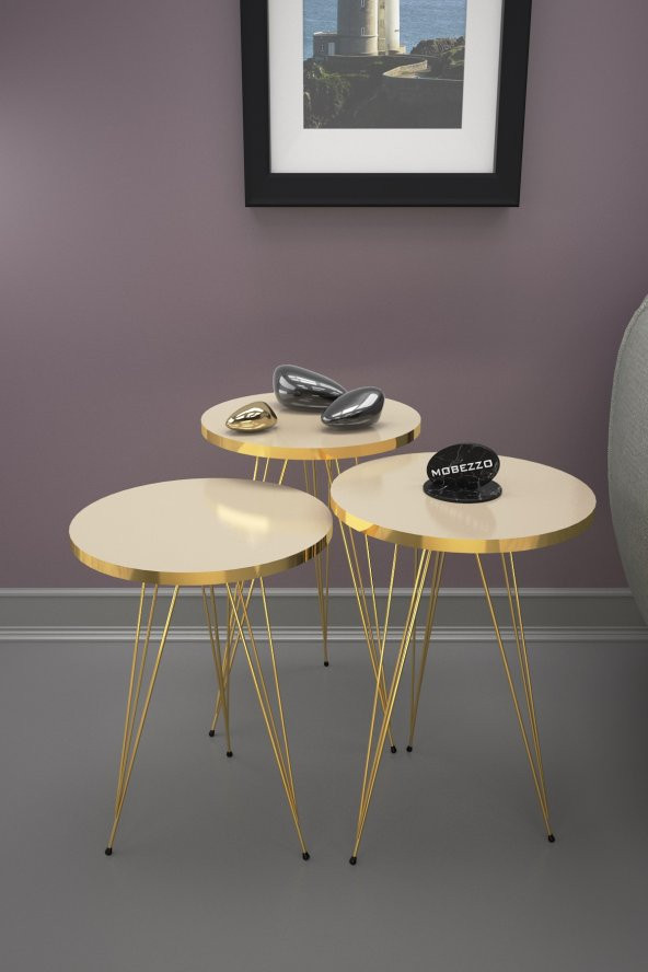 Mobezzo 3lü Zigon Sehpa Gold Metal Ayak Krem
