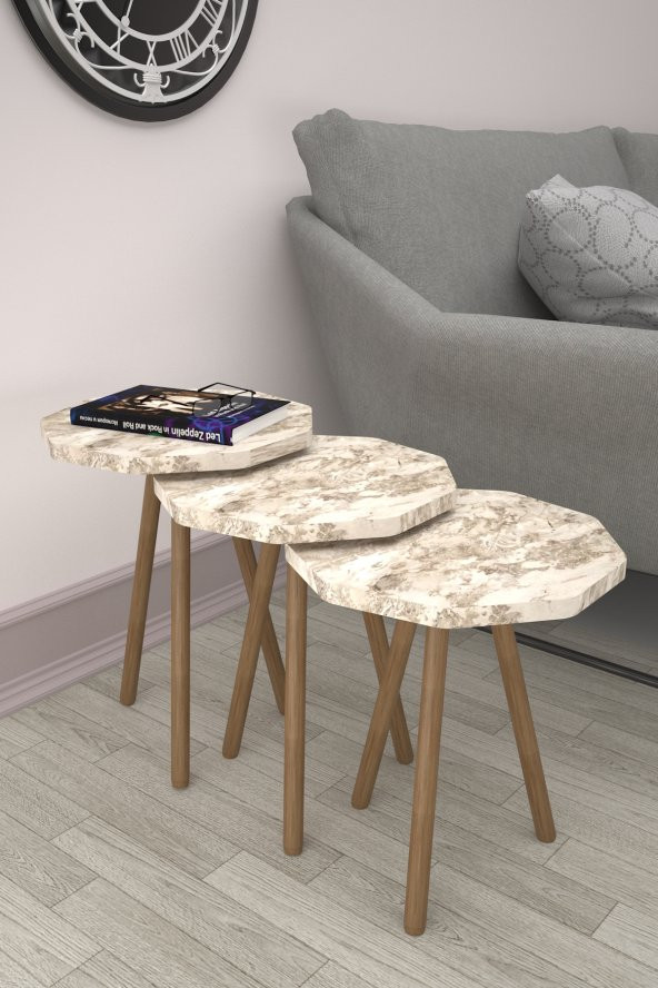 Mobezzo Sekizgen Zigon Sehpa 3'lü Set Ahşap Orta Sehpa Modern Yan Sehpa Takımı Dekoratif Sehpa Beyaz  Mermer Desenli