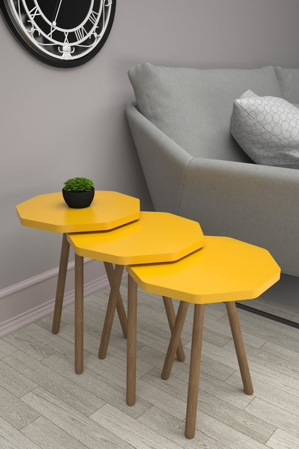 Mobezzo Sekizgen Zigon Sehpa 3'lü Set Ahşap Orta Sehpa Modern Yan Sehpa Takımı Dekoratif Sehpa Sarı - 2