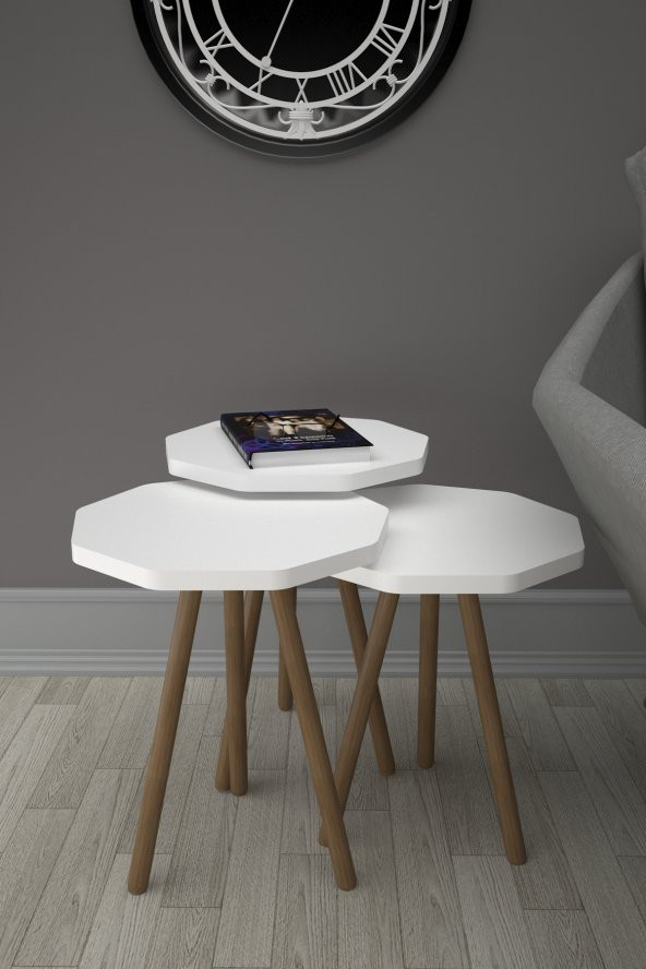 Mobezzo Sekizgen Zigon Sehpa 3'lü Set Ahşap Orta Sehpa Modern Yan Sehpa Takımı Dekoratif Sehpa Beyaz