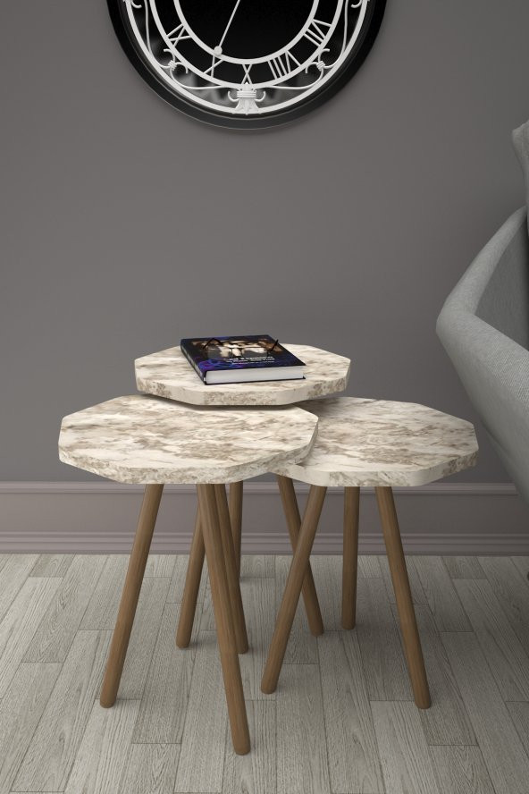 Mobezzo Sekizgen Zigon Sehpa 3'lü Set Ahşap Orta Sehpa Modern Yan Sehpa Takımı Dekoratif Sehpa Beyaz  Mermer Desenli - 2
