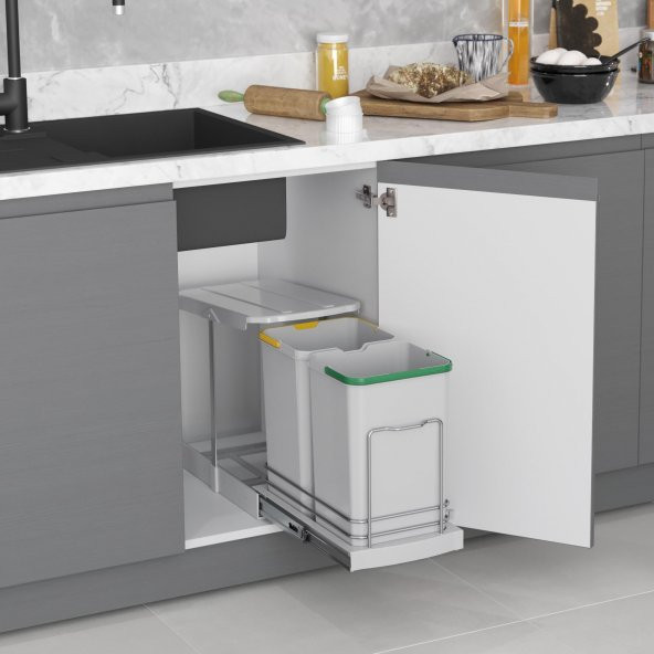 Starax Çöp Kovası Teleskopik Raylı Plastik Gövde 12+12Lt Gri - 2