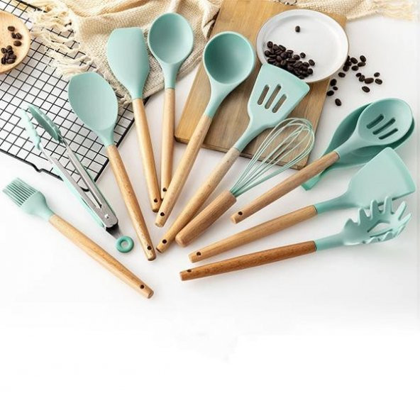 Coofbe 11 Parça Saklama Kutulu Yanmaz Yapışmaz Slikon Uçlu Ahşap Kepçe Seti Mutfak Seti Spatula Maşa Fırça Seti - 3