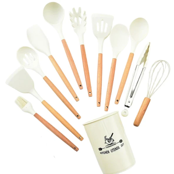 Coofbe 11 Parça Saklama Kutulu Yanmaz Yapışmaz Slikon Uçlu Ahşap Kepçe Seti Mutfak Seti Spatula Maşa Fırça Seti - Resim 7