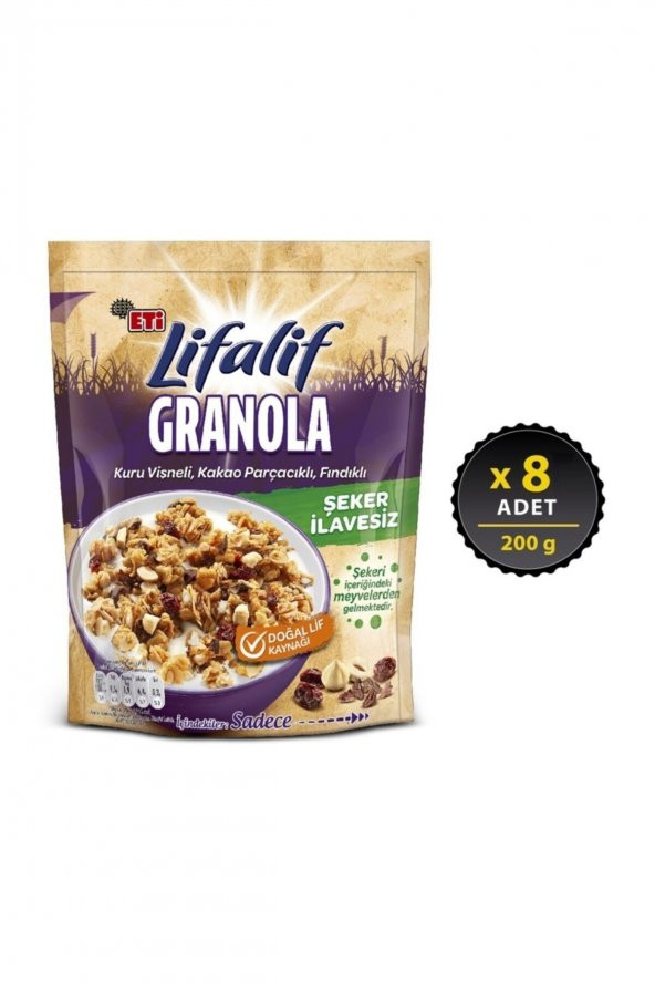 Eti Lifalif Granola Kuru Vişneli, Kakao Parçacıklı, Fındıklı 200 g x 8 Adet