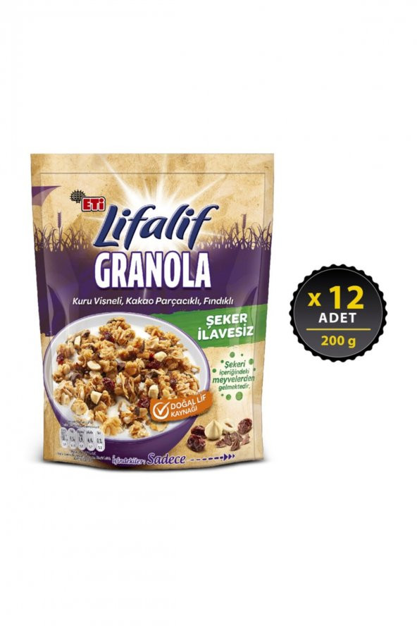 Eti Lifalif Granola Kuru Vişneli, Kakao Parçacıklı, Fındıklı 200 g x 12 Adet ürün görseli 1