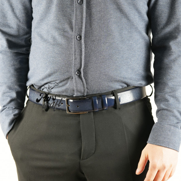 Parscraft Hakiki Deri Erkek Kemer 3,5 Cm Lacivert İğne Baskılı Klasik Kumaş Pantolon Kemeri - 3