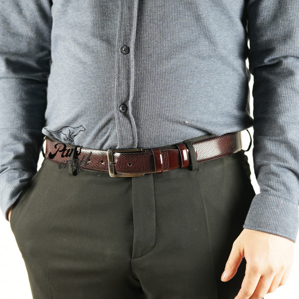Parscraft Hakiki Deri Erkek Kemer 3,5 Cm Vişne Çürüğü İğne Baskılı Klasik Kumaş Pantolon Kemeri - 2