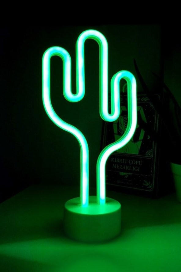 Neon Işıklı Kaktüs Masa Gece Lambası Usb+pil