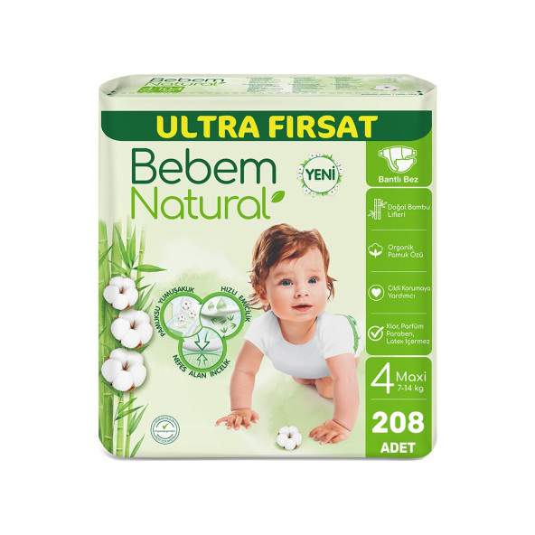 Bebem Natural Bebek Bezi 4 Beden Maxi Aylık Fırsat Paketi 208 Adet