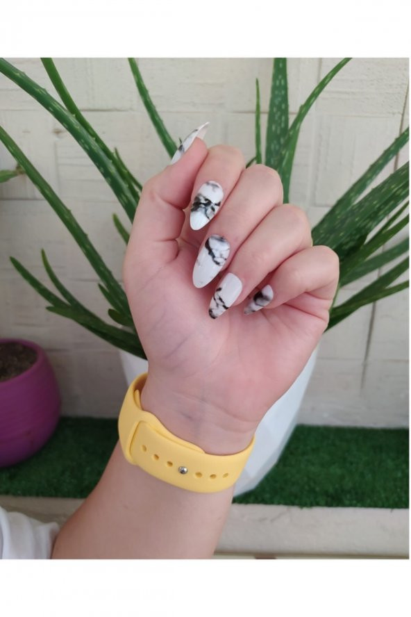 SHUSHU 12 Li Silikon Yapışkanlı Badem Model Takma Tırnak ( Mermer Desenli ) - 2