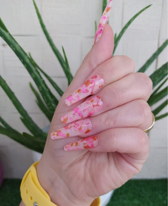 SHUSHU SHUSHU 12 Li  silikon  yapışkanlı balerin model Takma Tırnak ( parlak desenli pembe ) - 2
