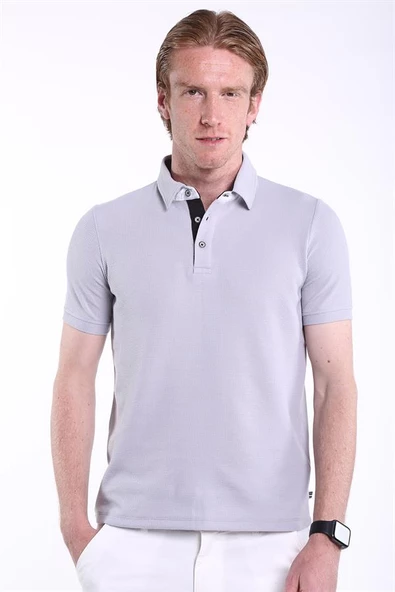 İntersivin Slim Fit Polo Yaka Cepsiz Dokulu Gri Erkek T-Shirt