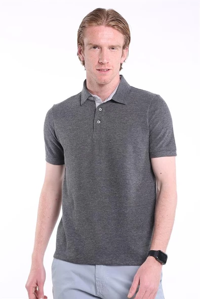 İntersivin Slim Fit Polo Yaka Cepsiz Dokulu Füme Erkek T-Shirt