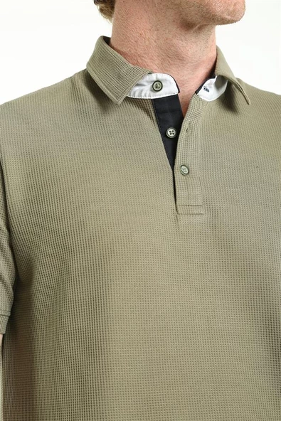 İntersivin Slim Fit Polo Yaka Cepsiz Dokulu Haki Erkek T-Shirt - 4