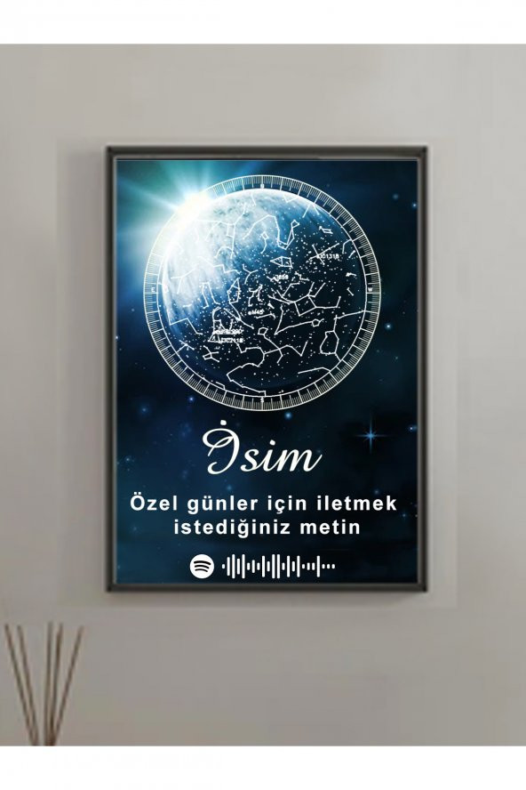 Kişiye Özel Yıldız Haritası Çerçeveli Gökyüzü Spotify kodlu Harita  Sevgiliye Hediye Tablo