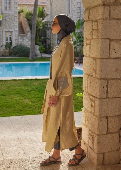 Mayovera  Tasarım  Nakışlı Gold Keten Kimono Plaj Elbisesi - 3