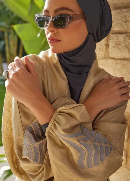 Mayovera  Tasarım  Nakışlı Gold Keten Kimono Plaj Elbisesi - 5