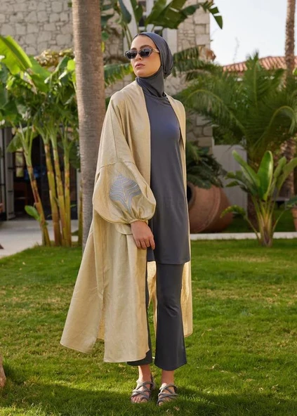 Mayovera  Tasarım  Nakışlı Gold Keten Kimono Plaj Elbisesi - 4