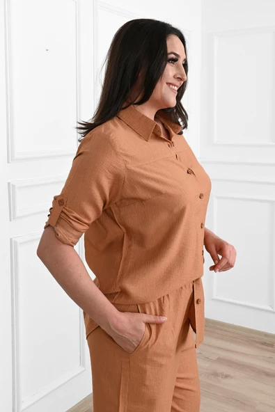 Kadın Büyük Beden Keten Kumaş Palazzo Pantolonlu Büyük Beden Gömlek Takım 3686-23 (4292) - Resim 10