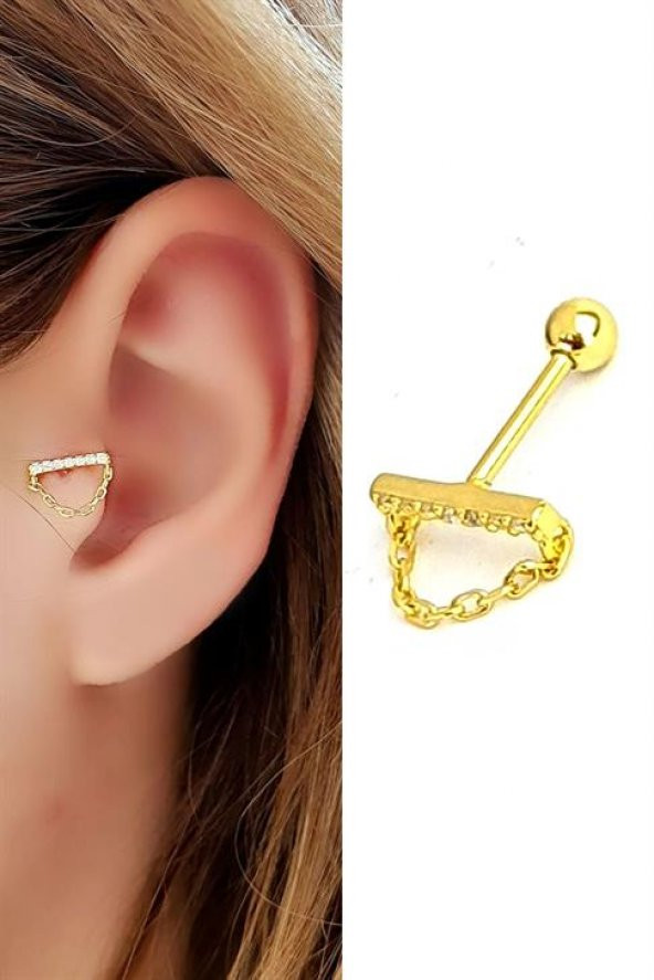 Zirkon Taşlı Zincir Detaylı 925Ayar Gümüş Üzerine Altın Kaplama Tragus Ve Kıkırdak Piercing ürün görseli
